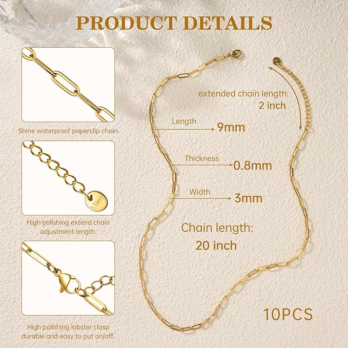10 Pack Gold Filled Bulk Necklace Chains for Jewelry Making 20 Inch Paper Clip Stainless Steel Adjustable Charm Necklace Making Kit for Women
