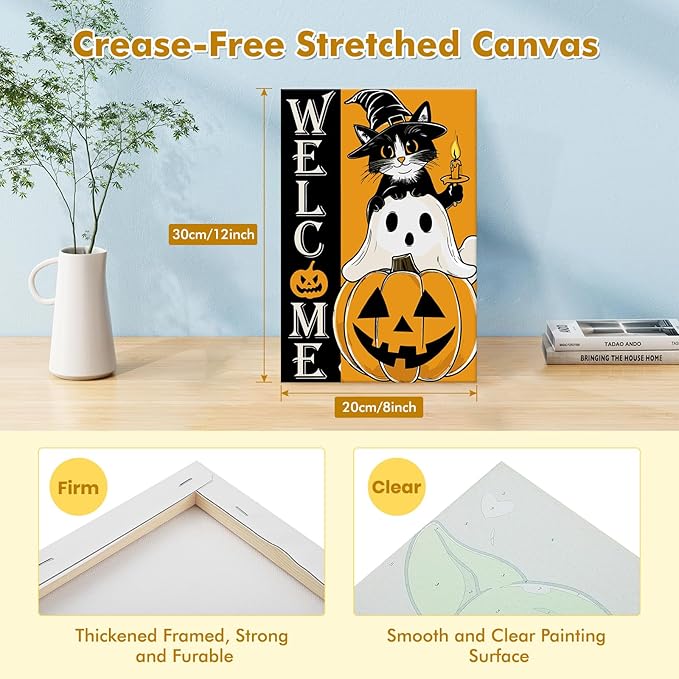 Bowetile Halloween Framed Paint by Numbers for Adults Kids, Adults' Paint-by-Number Cat Kits on Canvas, Easy Acrylic Pumpkin Number Painting Ghost Crafts Kits Halloween Gifts for Home Decor, 8x12in
