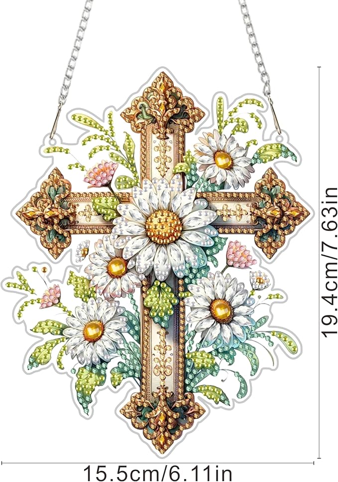RYMILIE Diamond Art Hanging Kit for Adult,Special Shaped Rhinestone,Double Sided 5D DIY Acrylic Diamond Art Painting Window Pendants Home Garden Wall Hanging Kits Hanging Ornament (Cross)