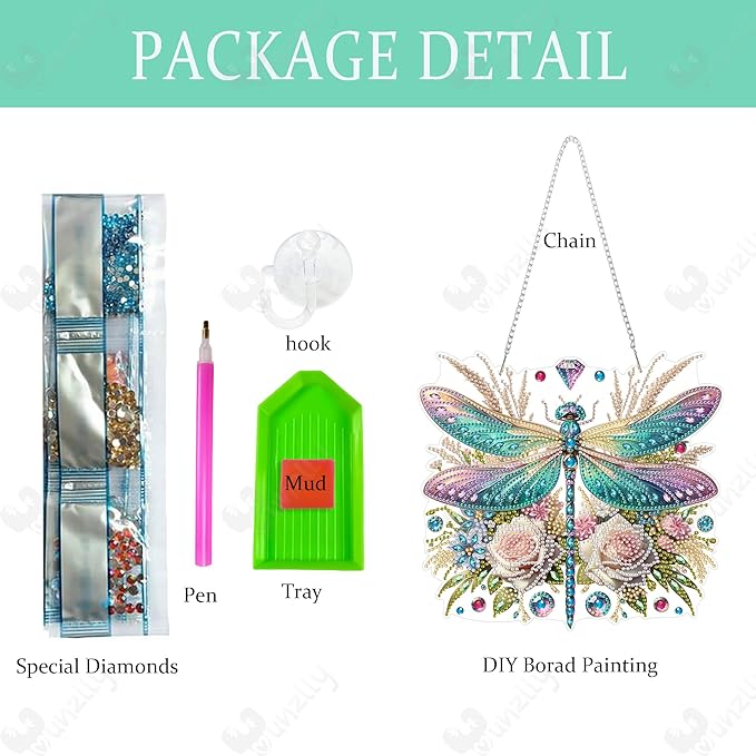 Yunzlly DIY Hanging Diamond Art Pendant Kit, Special Crystal Double Sided Diamonds Painting Ornament Kit for Adults, Acrylic Gem Painting Board for Window&Door&Wall (Dragonfly)