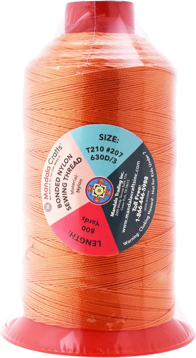 Mandala Crafts Size 207 630D T210 Bonded Nylon Thread - Orange 800 YDs Tex 210 Heavy Duty Sewing Threads for Leather, Jeans, Weaving, Outdoor Marine Upholstery