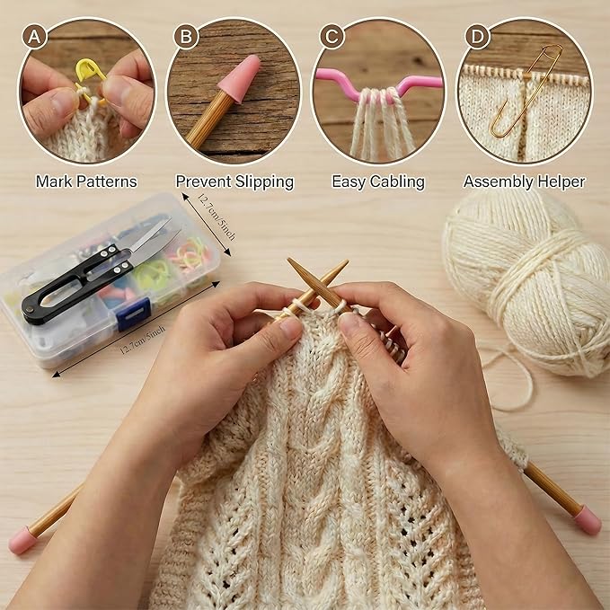 GKINIKG Knitting Tools Set with Storage Case – Knitting & Crochet Accessories for Sewing, Repair and DIY Craft Projects, Includes Scissors, Stitch Markers, Needles & Ruler