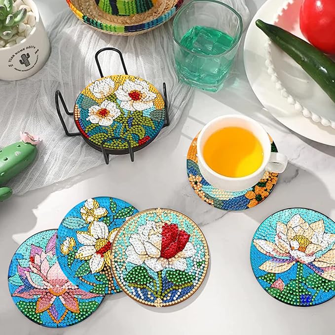 EWJRNSF 8 PCS Small Diamond Art Coasters Kits, Diamond Painting Coasters, Fall Diamond Art Kits for Adults Beginners, Arts and Crafts Item Sets with Holder for Drinks Flower Style