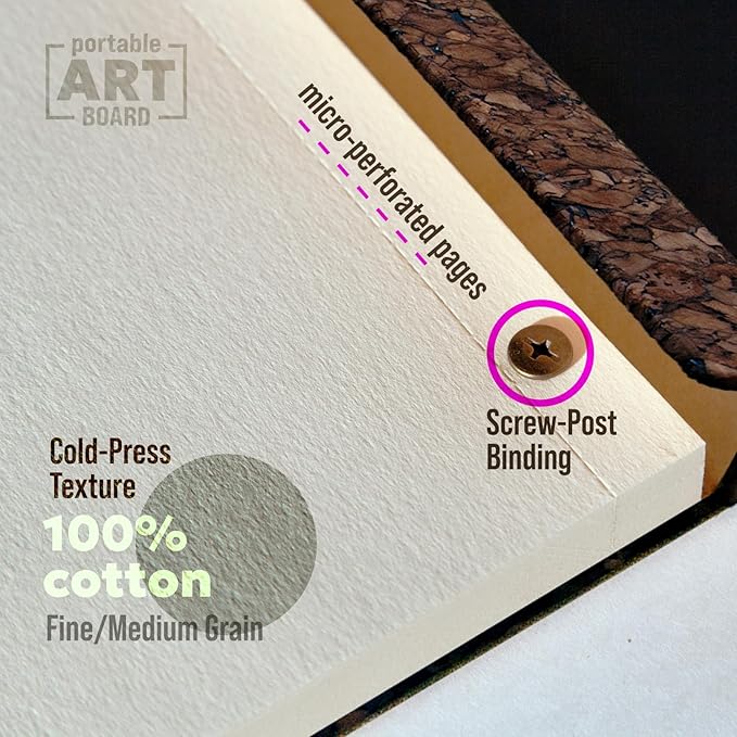 Cork Watercolor Pad Hardcover - 100% Cotton Paper 200GSM Cold Press - Magnetic Closure Watercolor Sketchbook, 40 Tear-Off Sheets, Lay-Flat - Artist Watercolor Paper Pad (Dark Cork, 8,5х7,7 inch)