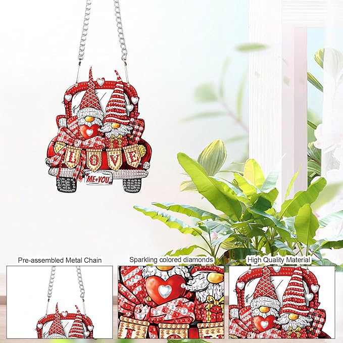 DIY Diamond Art Painting Hanging Pendant, Gnome 5D Special Shape Crystal Diamond Art Partial Mosaic Making Craft Car Ornaments, Valentine's Day Home Wall Decor Window Suncatchers Handmade Gift