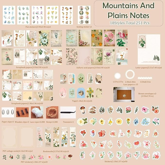 Flartmo 313 Pcs Complete Scrapbook Supplies Kit, Vintage Scrapbook Paper & Nature Flower Stickers, Junk Journal Scrapbooking Supplies Kit for Journaling, Scrapbooking Embellishments, Planner, Card