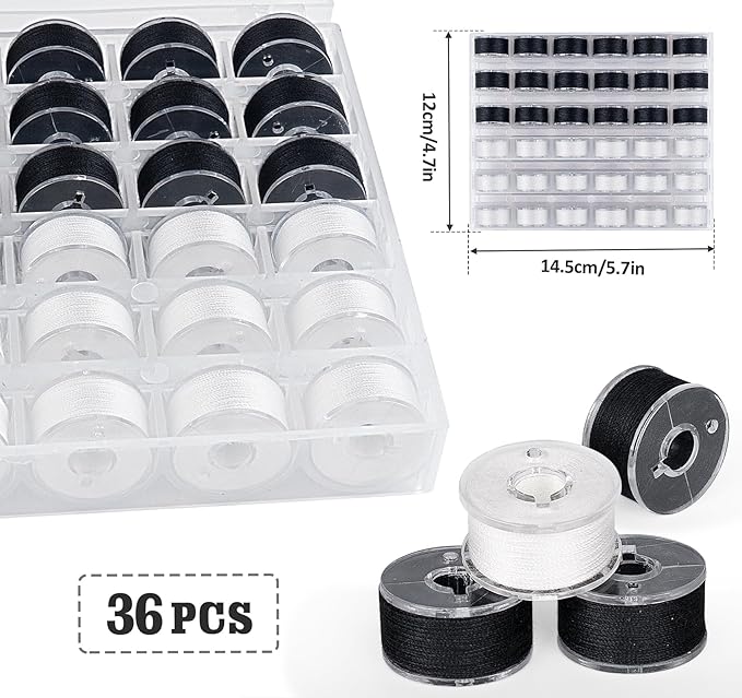 ilauke 18White + 18Black Bobbin Thread, Size A Prewound Sewing Thread Bobbins with Clear Storage Plastic Case Box Compatible with Brother Singer Embroidery BabyLock Janome Singer, 60WT