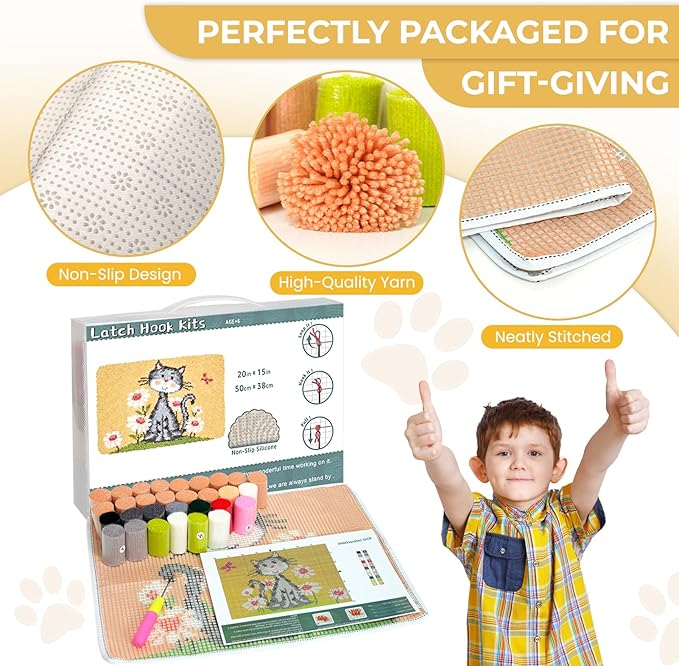 EsLuker.ly Latch Hook Rug Kit DIY Crochet Carpet for Beginners, Cats Patterns Pre-Printed Canvas Yarn Rug Hooking Kits, Creative Craft Home Decor Ideal for Learning Rug Making, Yellow