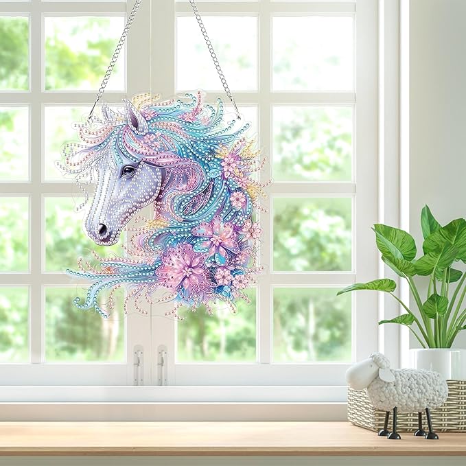 Bowetile Horse Diamond Art Hanging Kits for Adults, 5D Special Shape Diamond Painting Flowers Pendant Kits, Animal Gem Art Suncatchers Painting Window Ornament for Home Garden Wall Decor