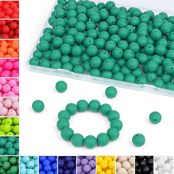 MAIBAOTA 120 Pcs Deep Green Silicone Beads - 15 mm Round Beads for Keychain, Pens, Bracelets, Necklaces - Bulk Pack with Boxed Kits