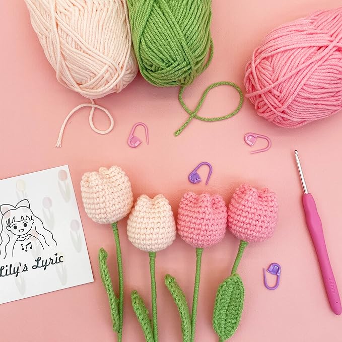 Lily's Lyric Flower Crochet Kit | Tulip Flowerpot | Step-by-Step Video Tutorial for Adults Teenagers | DIY Home Decoration Craft Gift Idea Pink