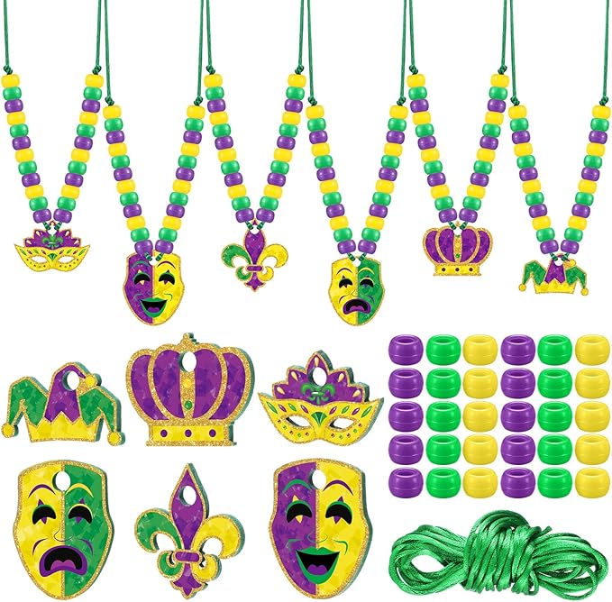 Ecally 24 Sets Mardi Gras Bead Necklaces Making Kit Carnival DIY Craft Kit Green Purple Beads Mask Fleur De Lis Pendant Necklaces for Masquerade Parades Jewelry Gifts Making Party Favors