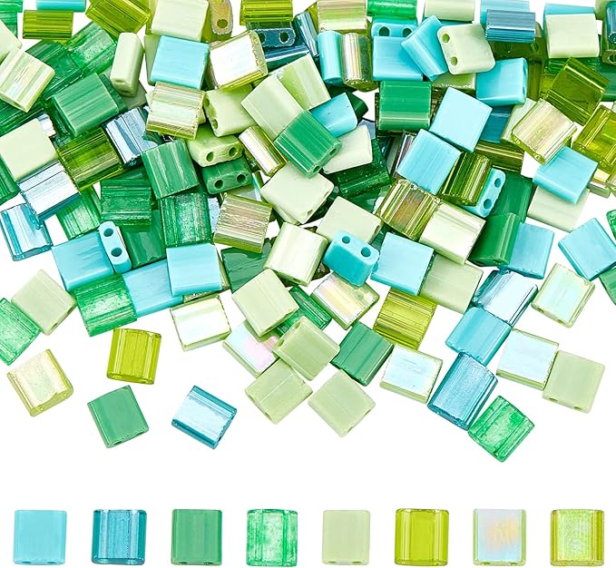 NBEADS 240 Pcs 8 Colors Green 2-Hole Beads, 5 * 5mm Glass Seed Beads Rectangle Loose Beads for Christmas Jewelry Design Necklace Bracelet Earring Making, Light Green