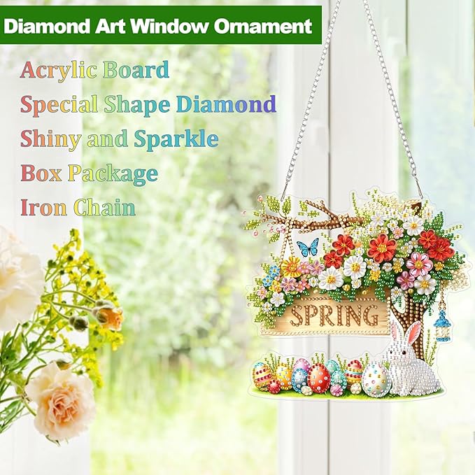 CEOVR Spring Hanging Diamond Painting, Easter Bunny Diamond Art for Adults Pendant DIY Spring Gem Art Wall Hanging Ornament, Acrylic Home Garden Decor with Chain, Box Kit 7.75×7.17inch