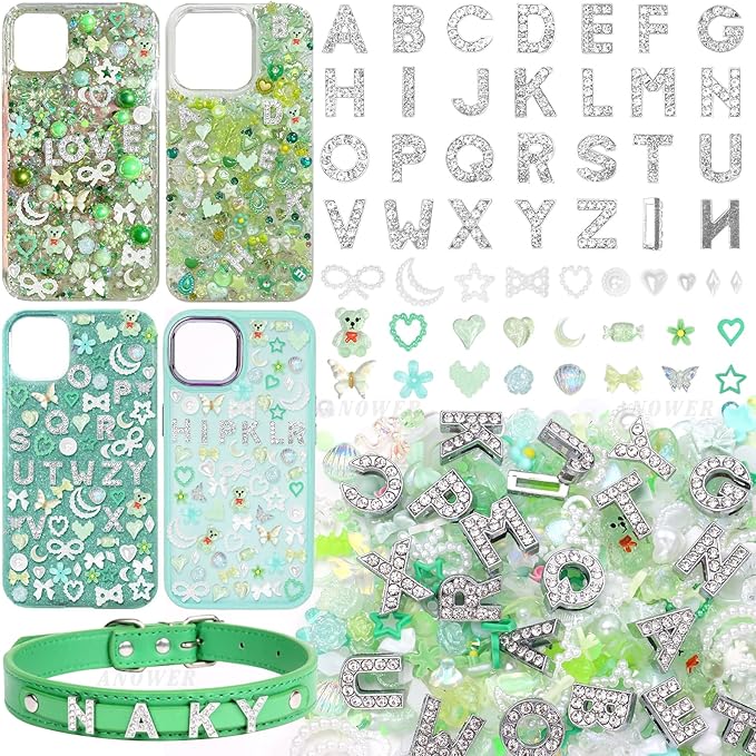 330 Pcs Green Junk Phone Case Charms 26 Pcs A-Z Rhinestone Alphabet Letter Charms, Mix Flower Bow Heart Pearls Flatback Resin Charms Letter Junk Cases Kit for DIY Crafts