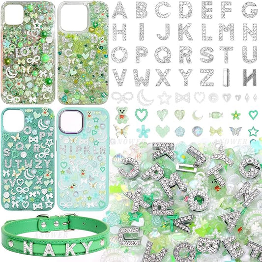 330 Pcs Green Junk Phone Case Charms 26 Pcs A-Z Rhinestone Alphabet Letter Charms, Mix Flower Bow Heart Pearls Flatback Resin Charms Letter Junk Cases Kit for DIY Crafts