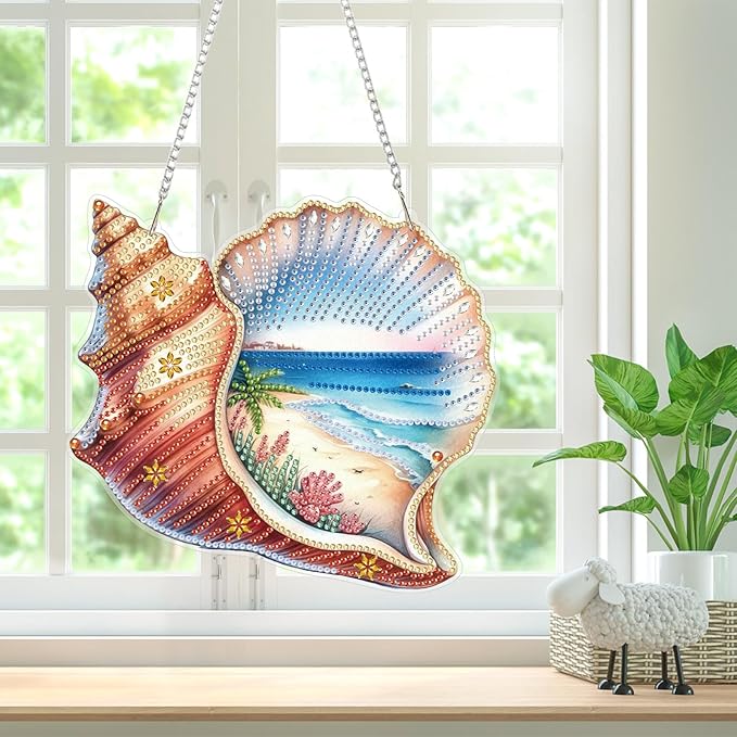 Summer Diamond Art Hanging Kits for Adults, Diamond Art Suncatchers Conch Shell, 5D Special Shape Diamond Painting Beach Pendant Window Ornament Gifts for Home Wall Door Garden Decor