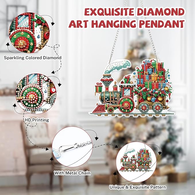 Bowetile Christmas Train Diamond Art Hanging Kits for Adults, Diamond Art Suncatchers, 5D Special Shape Diamond Painting Pendant Window Ornament Christmas Gifts for Home Door Wall Decor