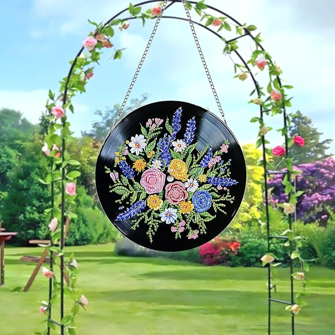 LOMSIOY Diamond Art Hanging Kit for Adult, Bouquet Front Door Sign Window Ornament for Outdoor, Records Double Sided Summer Decor Suncatcers for Porch, Hanging Pendants for Garden Wall （8x8 Inch