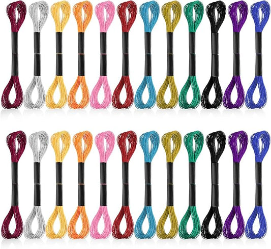 24 Skeins Metallic Embroidery Thread, Multicolor Embroidery Floss Friendship Bracelet String Rainbow Needlework Supplies Cross Stitch Embroidery Thread for DIY Bracelets Sewing Crafts Making