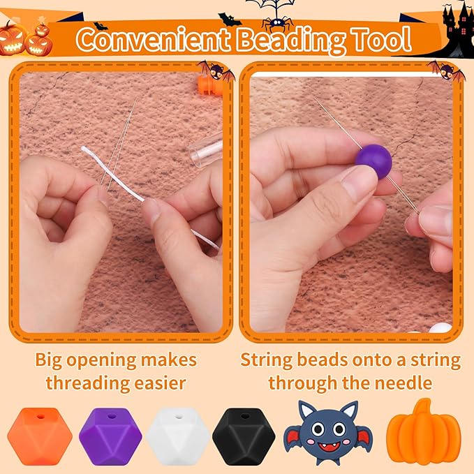 145 PCS Halloween Silicone Beads Kit - Round Loose Beads with Pumpkin Skull, Ghost, Bat & Polygonal Pastel Shapes for Home Decor, Crafts & Jewelry Making