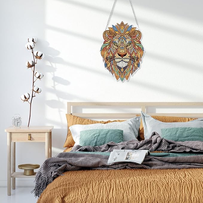HEIBAGO Lion Hanging Diamond Art Kits for Adults, Special Shaped Crystal Diamond Painting Ornament Kit, DIY Double-Sided Pattern Window Pendant Gem Art Kit for Home Wall Decor 8.3x8.3inch