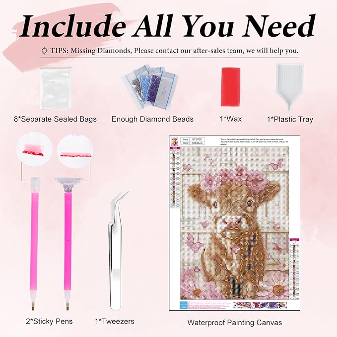 Yezavesu Highland Cow Diamond Art Kits for Adults, Cute Pink Cow 5D Diamond Painting Kit for Beginners, DIY Round Full Drill Painting with Gem Art Craft Kits for Home Wall Decor 12x 16 Inch
