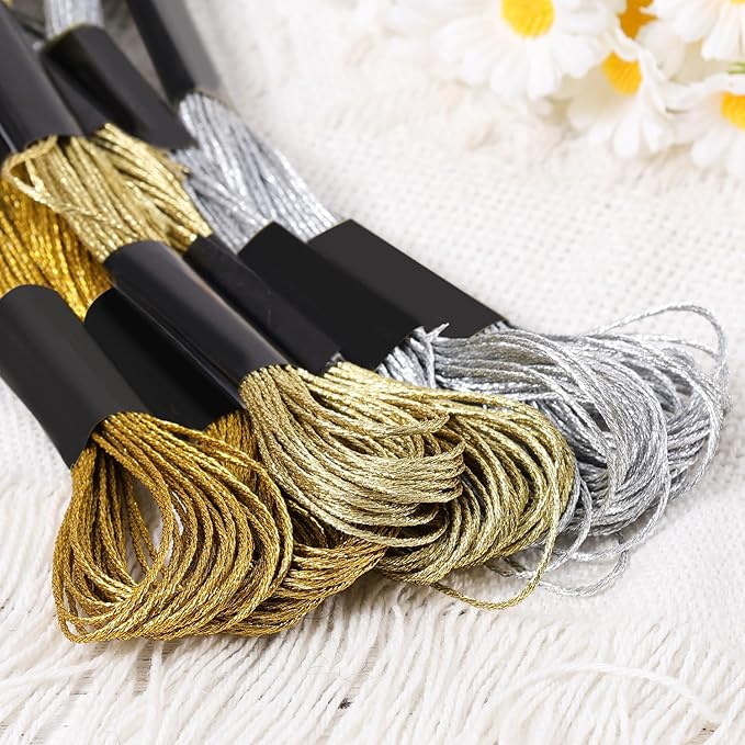 6 Skeins Embroidery Threads, Metallic Embroidery Floss Friendship Bracelet Cross Stitch Thread for Sewing Making Yarn Accessories Craft String Art Supplies (Gold+Light Gold+Silver)