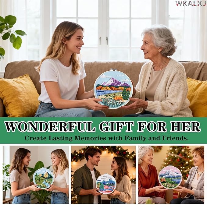 WKALXJ 4 Sets Embroidery Kits for Beginners to Advanced, Floral Cross Stitch Set, Needle Point Kits with Flower Stamped Patterns for Craft Lover Needlepoint Kits (Advanced Landscape)