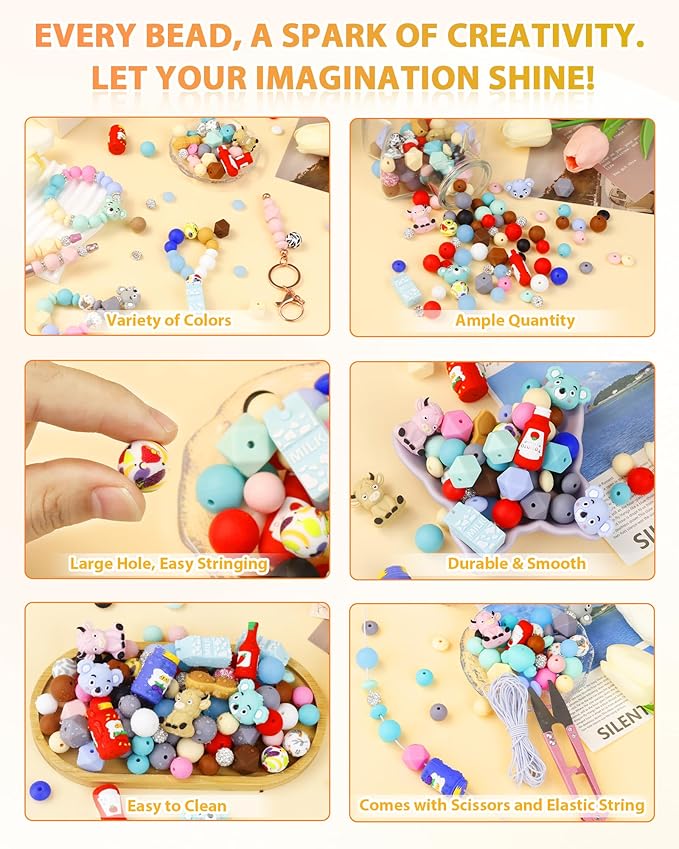 FIVEIZERO 212PCS Silicone Focal Beads for Keychain Making, Animal Koala, Round, Lentil, Hexagon, Printed, Rhinestone, Sliver Spacer Beads for Pens, Bracelets & Crafts with Elastic Cord & Scissors