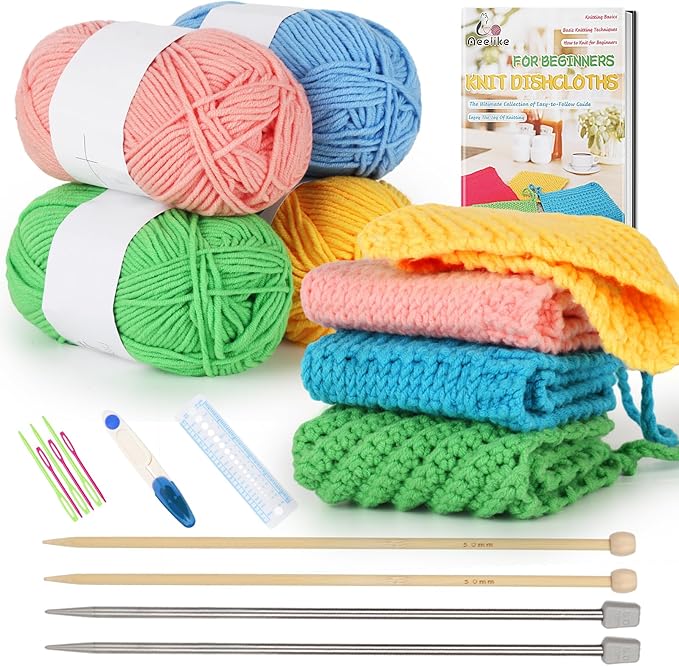 Aeelike Knitting Kit for Beginners, Complete Beginner Crochet Kit Easy Including Knitting Needles Set Cotton Yarn, Learn to Knit Dishcloth with Step-by-Step Instructions, Colorful