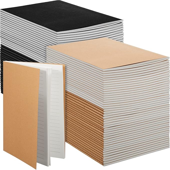 mimorou 100 pcs journals notebooks bulk - kraft softcover a5 small notebooks 5.5 inch x 8.3 inch notepads with 60 page 30 sheet for writing sketch travel office supplies(black, brown,lined)