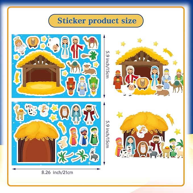 christmas nativity stickers for kids, make a nativity scene kit, jesus birth stickers, christmas crafts for kids, christian religious bible scene party favor home classroom activity