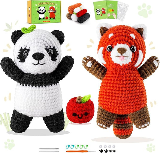 Crochet Kit for Beginners - 2PCS White and Red Panda Crochet Animal Kit with Step-by-Step Video Tutorials, Apple Crocheting Kit, Crochet Starter Kit for Adults, Beginners Knitting Kit for Birthday