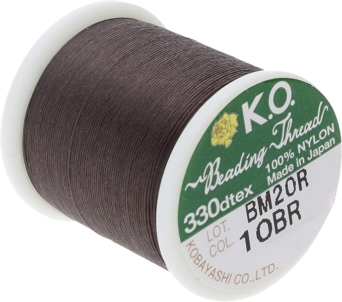 KO Nylon Beading Thread, Dark Brown Color, Japanese Pre-Waxed 100% Nylon, 330TEX, Tangle Resistant Knotting Cords, 50m /55 yds Spool, Use for Seed Bead Projects, Loom Work & Bead Weaving
