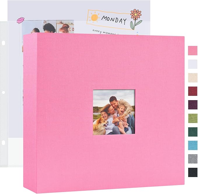 Mublalbum 12x12 Inch DIY Scrapbook Photo Album with 40 Plastic Sleeves 80 Pages Linen Cover 3 Ring Folder Binder for Wedding Baby Family and DIY Projects (Pink)
