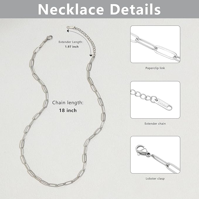 Swyabi 10 PCS Stainless Steel Paperclip Chains 18Inch Adjustable Necklace Bulk for Men Women DIY Bracelets Crafts