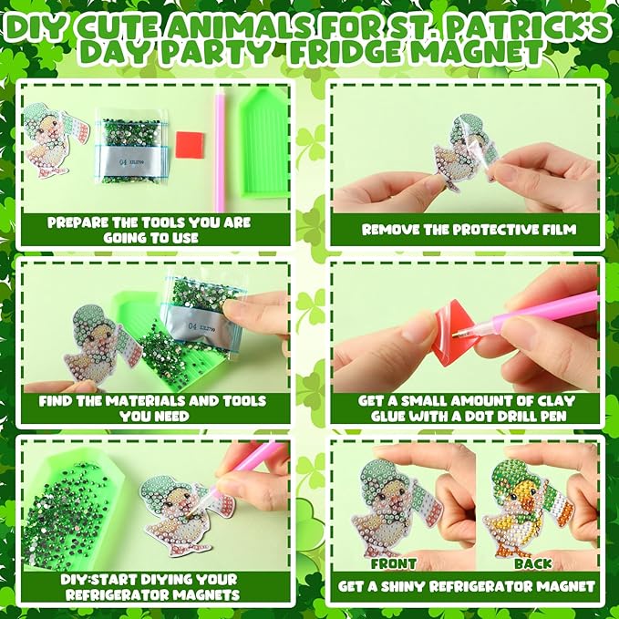 Xuhal 30 Pcs St Patrick's Day Diamond Painting Magnets Irish Animal Diamond Art Magnet Kits for Adults 5D Rhinestone Green Shamrocks Animal Refrigerator Magnetic Stickers for Fridge DIY Crafts Gifts