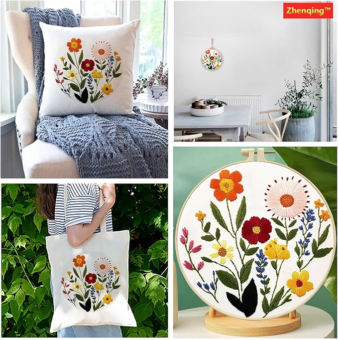 Zhenqing Floral Embroidery Kit for Beginners - Complete Set with Pre-Printed 29x29cm Cotton Fabric, Hoop, Threads & Tools (C0125)