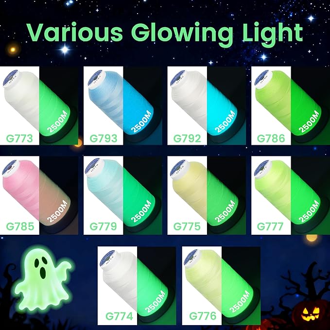 New brothread Single Huge Spool Luminary Glow in The Dark Embroidery Machine Thread Kit 30WT 2500M(2735Y) Each Spool for Embroidery, Quilting, Sewing-G786