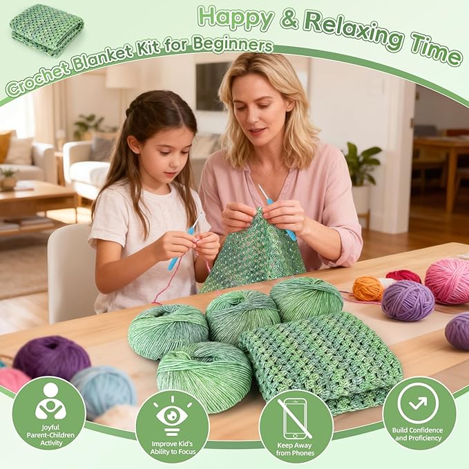 Aeelike Blanket Crochet Kit for Beginners, Super Easy Crochet Blanket Kit with Soft & Colorful Gradient Yarns Detailed Video Tutorials Crocheting Accessories, Moss Green Gradient & Ideal Gift