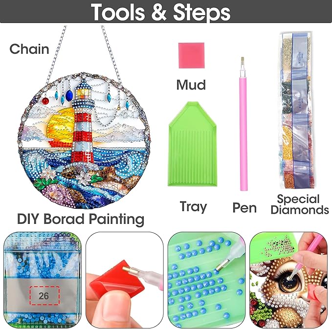 SKRYUIE Lighthouse Hanging Diamond Art Kits for Adults Pendant Suncatcher, Special Shaped Crystal DIY Pearl Diamond Painting Kit, Gift for Mother Spring Summer Window Wreath Decor 3.35 x 3.15 Inch A18