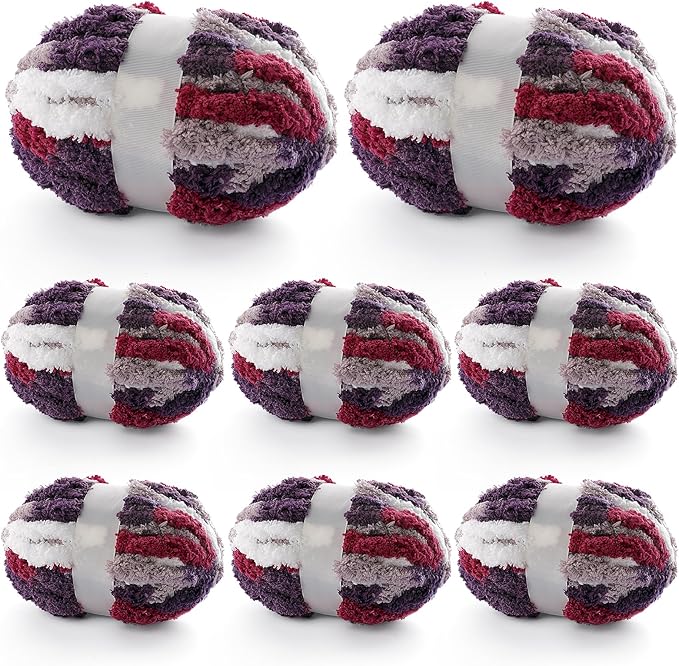 8 Pcs Chunky Yarn for Hand Knitting - Chunky Chenille Yarn for Crocheting - Fluffy Yarn for Crochet - Jumbo Yarn for Hand Knitting 200 yds 61.6 oz of Super Bulky Yarn (Burgundy-Grey-White)