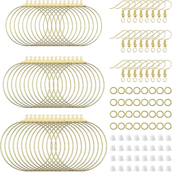 390pcs earring making kit jewelry making supplies bulk earring findings with round beading hoops,earring hooks,jump rings,earring backs for diy craft earring jewelry making(k gold)