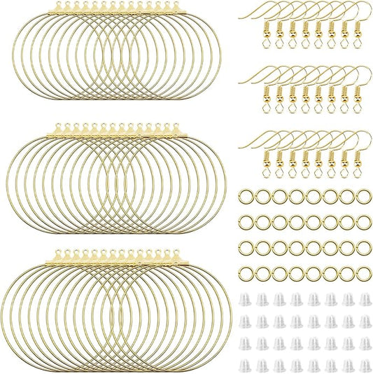 390pcs earring making kit jewelry making supplies bulk earring findings with round beading hoops,earring hooks,jump rings,earring backs for diy craft earring jewelry making(k gold)