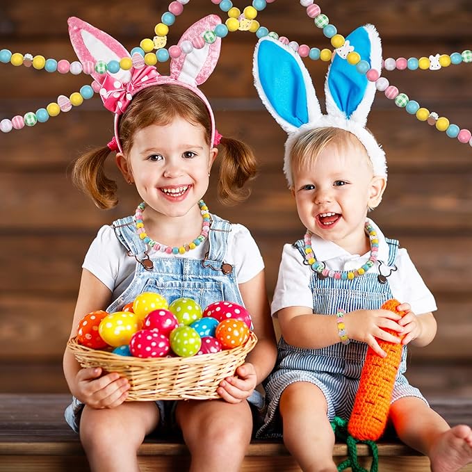 Chitidr 180 Pcs Easter Wooden Beads with Clear Box Bunny Egg Colorful Wood Beads Rabbits Chick Farmhouse Beads for Easter DIY Garland Crafts Party Decoration