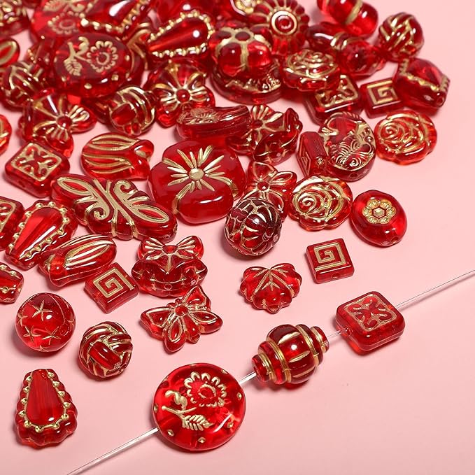 7.5 OZ Assorted Vintage Acrylic Beads for Jewelry Making, Song Xi Unique Flower Rose Czech Beads for Bracelet Earrings, Bohemia Style, Bulk, Arts and Crafts, DIY Holiday Gift (240-260 PCS, Red)