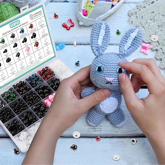 Junreox 820pcs Safety Eyes for Amigurumi- Premium Safety Eyes and Noses for Crochet Animals, Assorted Size Crochet Eyes with Washers for Dolls Plushies Toys, Safety Eyes for Stuffed Animals Teddy Bear