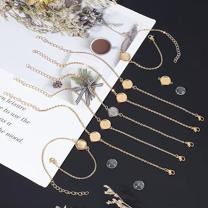NBEADS 10 Sets Bracelet Making Kit - Gold Tray with 10 Pcs Stainless Steel Chain, Jewelry Bezel Base, Glass Cabochons & 50 Pcs Jump Rings
