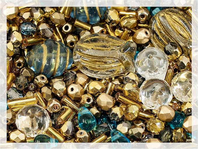 2.1oz (60 g) Mix of Unique Czech Bohemia Glass Pressed Beads, Rocailles, Aztec Pale Gold Crystal, Matte and Glossy, Hand Made BCV
